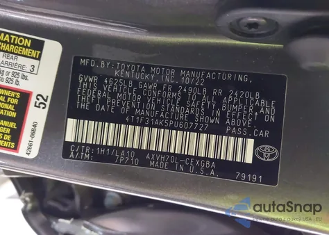 2023 Toyota Camry Xle Hybrid z USA, uszkodzony, nr VIN 4T1F31AK5PU607727